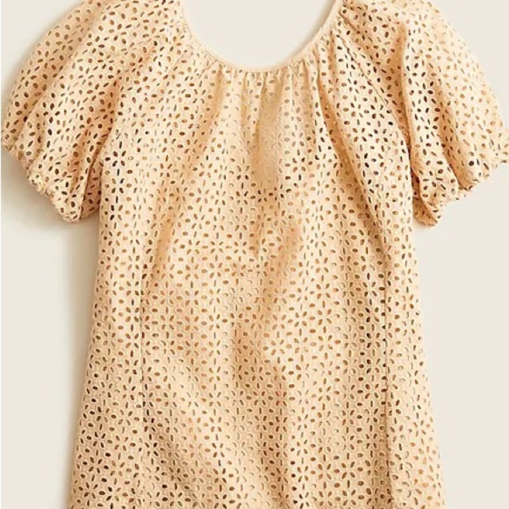 J.Crew Cotton Khaki Beige Tan Eyelet Top Short Sleeve V-Back Puff Sleeve Size 10
